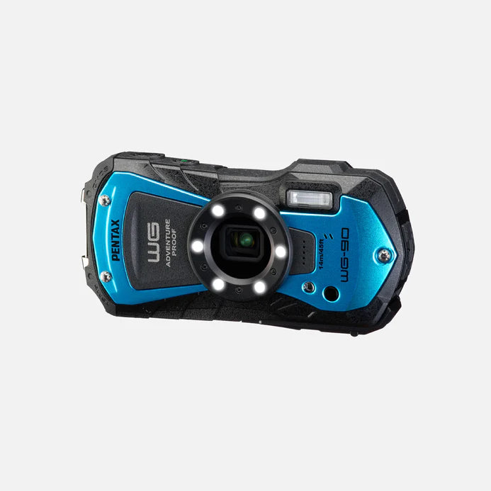 Pentax wg90 frontview in blue tough digital camera