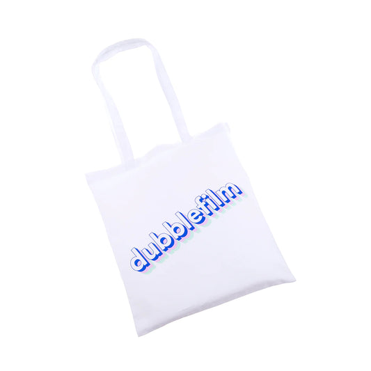 tote bag with dubblefilm logo in blue